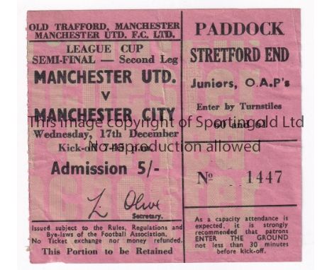 MANCHESTER UNITED       Ticket for the home League Cup tie v Manchester City 17/12/1970, slightly creased and slight residue 
