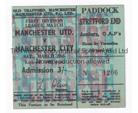 MANCHESTER UNITED       Ticket for the home League match v Manchester City 28/3/1970, slightly creased and slight residue on 