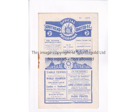 SOUTHEND UNITED V BURTON TOWN 1935 FA CUP     Programme for the tie at Southend 14/12/1935, slightly creased and staple remov