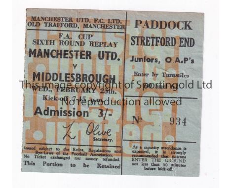 MANCHESTER UNITED       Standing ticket for the home FA Cup tie v Middlesbrough 25/2/1970, slightly creased and slight residu