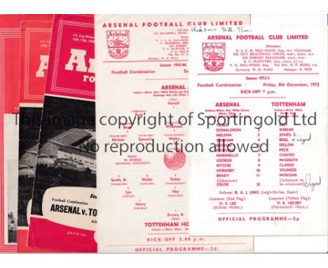 ARSENAL V TOTTENHAM HOTSPUR       Five programmes for Reserve Team matches at Highbury 5/12/1953, two small holes near the sp