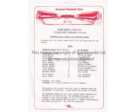 NEUTRAL AT ARSENAL      Single sheet programme for the Pooley Trophy Final, Highbury Grove School v St. Bernards School 13/5/