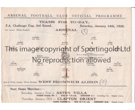 ARSENAL     Programme for the FA Cup tie at home v West Bromwich 14/1/1928, folded in four and scores enterted.      Generall