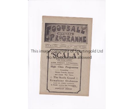 LIVERPOOL V BURY 1917 / WWI LEAGUE      Programme for the First Team Lancashire League match at Liverpool on 10/2/1917, ex-bi