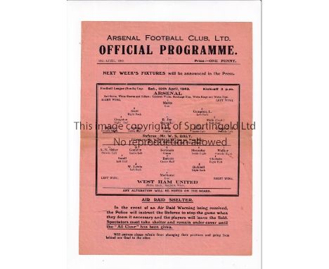 ARSENAL    Single sheet programme for the home FL South Cup tie v West Ham United 10/4/1943, slightly creased.     Generally 