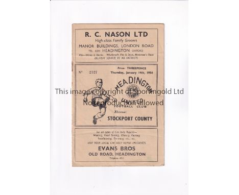 HEADINGTON UNITED      Programme for the home FA Cup tie v Stockport County 14/1/1954, slightly creased and back page slightl