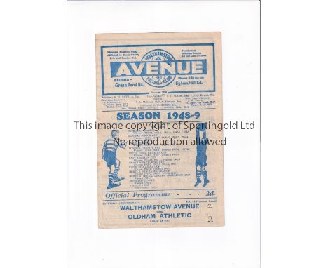 WALTHAMSTOW AVENUE V OLDHAM ATHLETIC 1948 FA CUP    Programme for the tie at Walthamstow 11/12/1948, slightly creased, team c