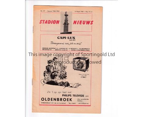 NETHERLANDS XI V LONDON COMBINATION 1961      Programme for them match in Amsterdam 8/3/1961 including Jimmy Greaves and othe