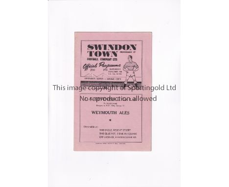 SWINDON TOWN V STOKE CITY 1949 FA CUP      Programme for the tie at Swindon 8/1/1949, very slightly creased.     Generally go
