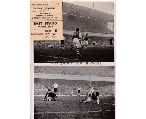 ARSENAL      Ticket for Vic Groves' debut at home v Sheffield United 12/11/1955 and three different 8.5" X 6.5" B/W Press pho