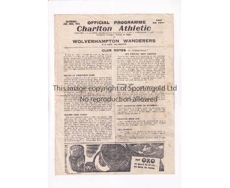 CHARLTON ATHLETIC V WOLVES 1946 FA CUP      Single sheet programme for the tie at Charlton 26/1/1946,  slightly creased.     