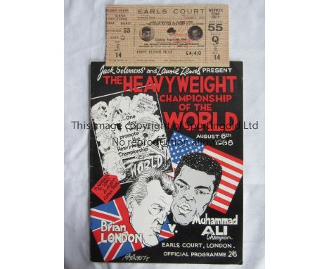 MUHAMMAD ALI V BRIAN LONDON 1966     Programme and unused ticket for the boxing Heavyweight Championship bout 6/8/1966 at Ear