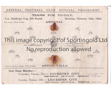 ARSENAL     Programme for the FA Cup tie at home v Aston Villa 18/2/1928, folded in four, staples rusted away with rust marks