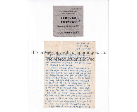 ARSENAL      Ticket for the away FA Cup Replay v Bedford Town 12/1/1956, creased and writing on the front. Plus a supporter's