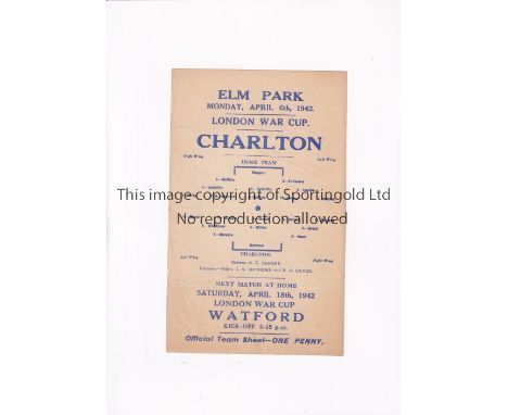 READING V CHARLTON ATHLETIC 1942      Single sheet programme for the London War Cup tie at Reading 6/4/1942, very slightly cr