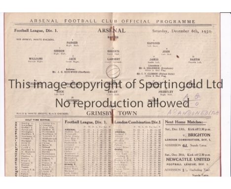 ARSENAL   Programme for the abandoned league match after 63 minutes due to fog at home v Grimsby Town 6/12/1930, slightly cre