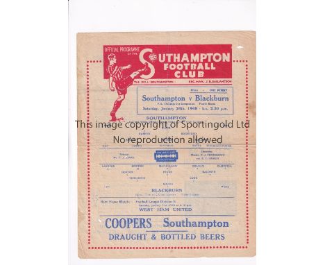 SOUTHAMPTON V BLACKBURN  FA CUP 1948  Single sheet programme for the tie at Southampton 24/1/1948,  folded in four, slightly 