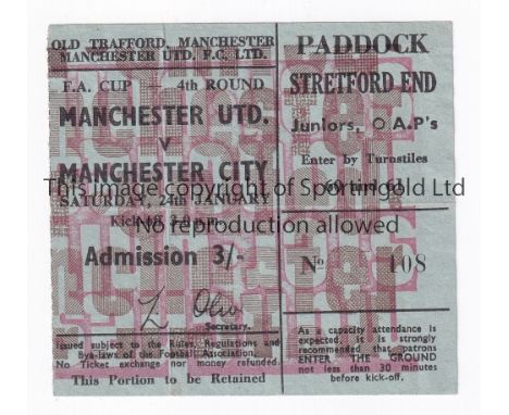 MANCHESTER UNITED       Ticket for the home FA Cup tie v Manchester City 24/1/1970, slightly creased and slight residue on th