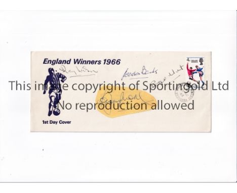 ENGLAND WORLD CUP 1966 AUTOGRAPHS      A First Day Cover hand stamped 18/8/1966 signed by Ray Wilson, Gordon Banks and Roger 