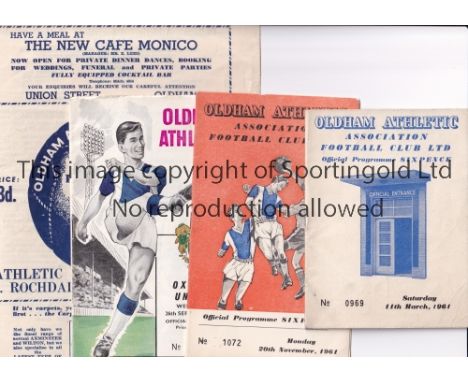 OLDHAM ATHLETIC      Eight home programmes: 1957/8 v Rochdale, Bradford City, minor tear and Chesterfield, minor paper loss f