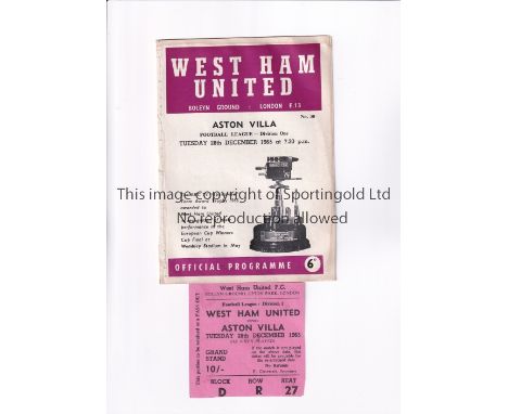 WEST HAM UNITED V ASTON VILLA 1965 POSTPONED      Programme and ticket for the League match scheduled for 28/12/1965. Program