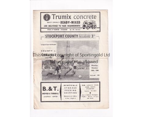 STOCKPORT COUNTY V CARLISLE UNITED 1960 LEAGUE CUP     Programme for the first match in the competition for both clubs at Sto