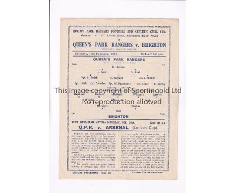 QUEENS PARK RANGERS V BRIGHTON 1944  Single sheet programme for the FLS cup tie at Rangers on 12/2/1944, very slightly crease