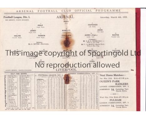 ARSENAL / FIRST MATCH WITH WHITE SLEEVES     Programme for the league match at home v Liverpool 4/3/1933, horizontal creases,