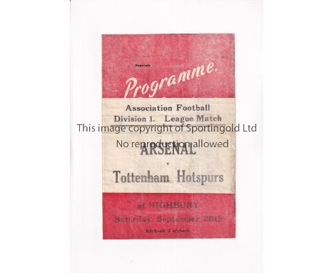 ARSENAL V TOTTENHAM HOTSPUR 1951       Pirate programme issued by Buick for the League match at Arsenal 29/9/1951, creased an