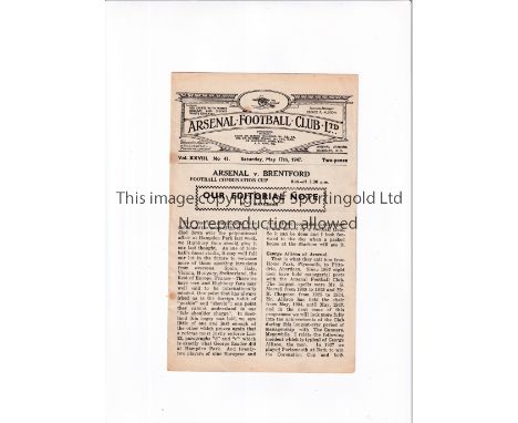 ARSENAL    Programme for the home Football Combination Cup tie v Brentford 17/5/1947, very slight rust marks.     Generally g