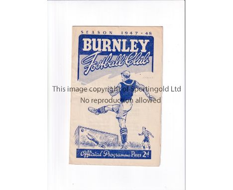 ARSENAL      Programme for the away League match in their 1947/8 Championship Season v Burnley 27/9/47, slightly creased,    