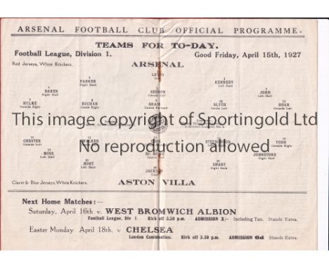 ARSENAL   Programme for the league match v Aston Villa 15/4/1927,  staple rusted away, slightly crease, folded in four.    Fa
