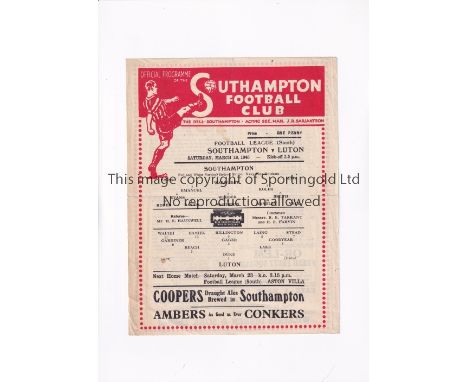 SOUTHAMPTON V LUTON 1946 Single sheet programme for the FL South tie at Southampton 16/3/1946, folded in four.    Generally g