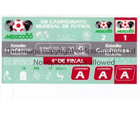 1986 WORLD CUP      Unused ticket for Spain v Belgium, Quarter-Final 22/6/1986 at the Cuauhtemoc Stadium. Staple holes on the