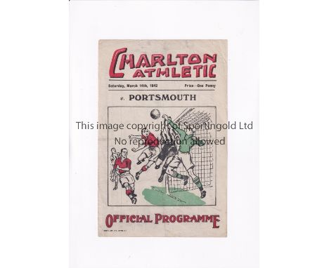 CHARLTON ATHLETIC V PORTSMOUTH 1942      Single sheet programme for the London War League Cup tie at Charlton 14/3/1942, hori