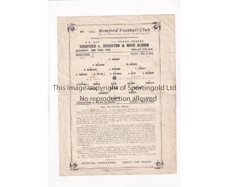 ROMFORD V BRIGHTON 1945 FA CUP  Single sheet programme for the tie at Romford on 24/11/1945, creased, minor tears and slightl