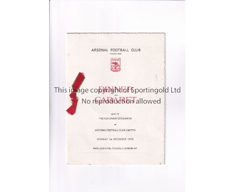 ARSENAL        Menu for the Honorary Stewards Dinner and Cabaret 1/12/1975.      Good