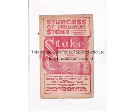 ARSENAL  Programme for the league match away v Stoke City 6/5/1950, folded in four, wear throughout, team changes and scores 