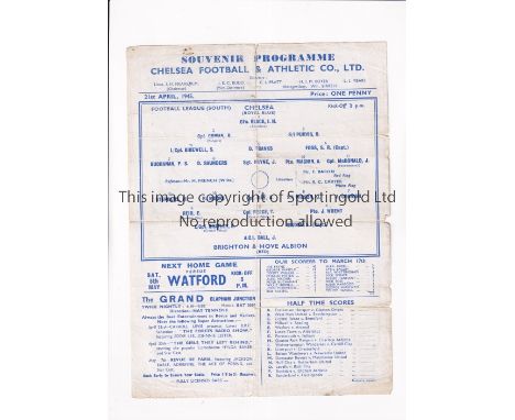 CHELSEA  Single sheet programme for the home FLS cup tie v Brighton on 21/4/1945, folded , slightly worn and minor tears.    