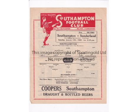 SOUTHAMPTON V SUNDERLAND FA CUP 1948      Singe sheet programme for the tie at Southampton 10/1/1948, horizontal crease with 