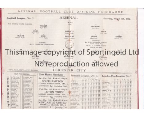 ARSENAL  Programme for the league match at home v Leicester City 5/3/1932, back cover water soiled with slight wear to edges,