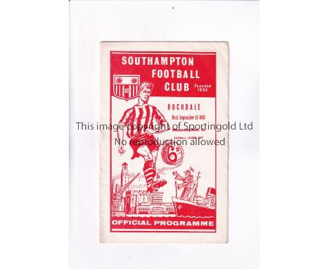 SOUTHAMPTON V ROCHDALE 1961   Programme for the League Cup tie fat Southampton 13/9/1961, vertical crease,   Good