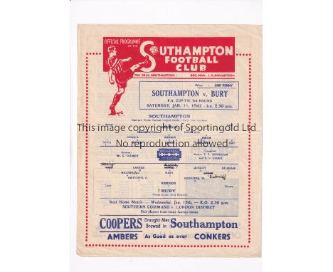 SOUTHAMPTON V BURY FA CUP 1947   Single sheet programme tie at Southampton 11/1/1947,  horizontal creases with team changes a