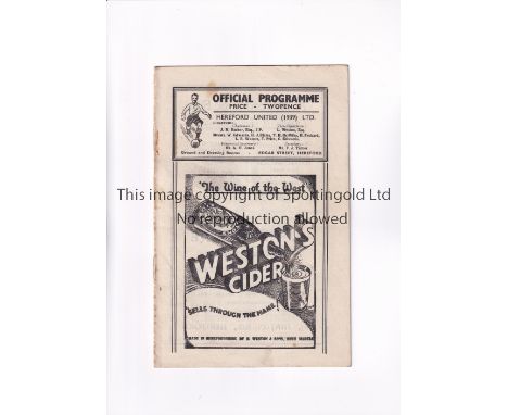 HEREFORD UNITED V STAFFORD RANGERS 1947 FA CUP      Programme for the tie at Hereford 4/10/1947, slightly creased and scores 