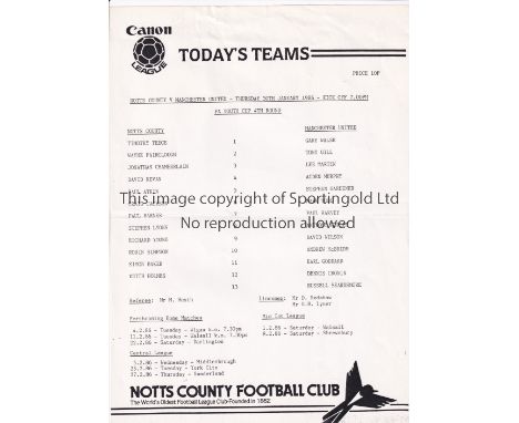 MANCHESTER UNITED      Single sheet programme for the away FA Youth Cup tie v Notts. County 30/1/1986, very slight horizontal