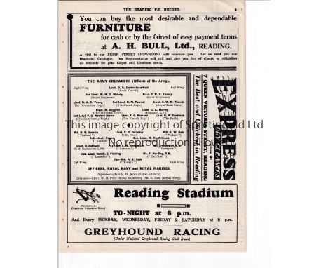 SERVICES FOOTBALL AT READING F.C. 1933       Programme for The Army Crusaders v Officers, Royal Navy and Royal Marines 6/12/1