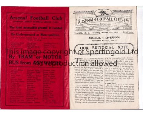 ARSENAL     Programme for the home league match v Liverpool 27/10/1928, creased.      Generally good