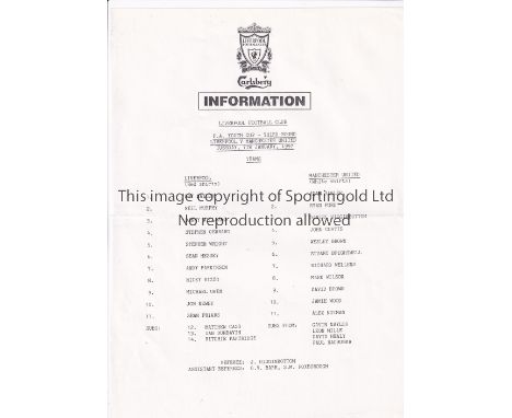 MANCHESTER UNITED     Single sheet programme for the away F.A. Youth Cup tie  v Liverpool 7/1/1997, slight horizontal crease.