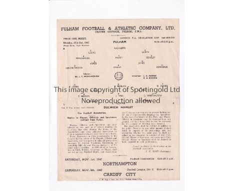 FULHAM V DULWICH HAMLET 1947      Single sheet programme for the London Challenge Cup tie at Fulham 27/10/1947, slightly crea