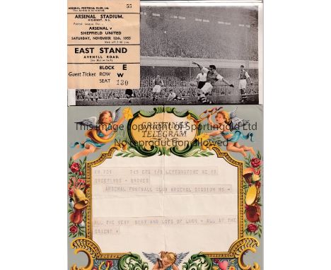 ARSENAL      Ticket for Vic Groves' debut at home v Sheffield United 12/11/1955 and 2 "good luck" telegrams including one fro